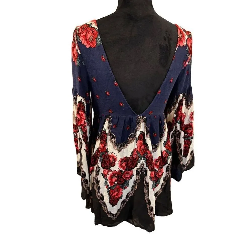 Free People Floral Tapestry Boho Peasant Dress Multicolor Long Sleeve Size XS